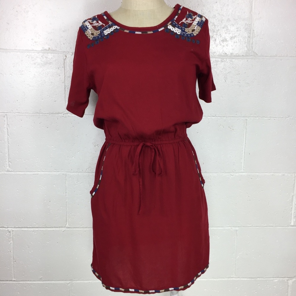 Southwestern embroidered shirt dress maroon Sz M